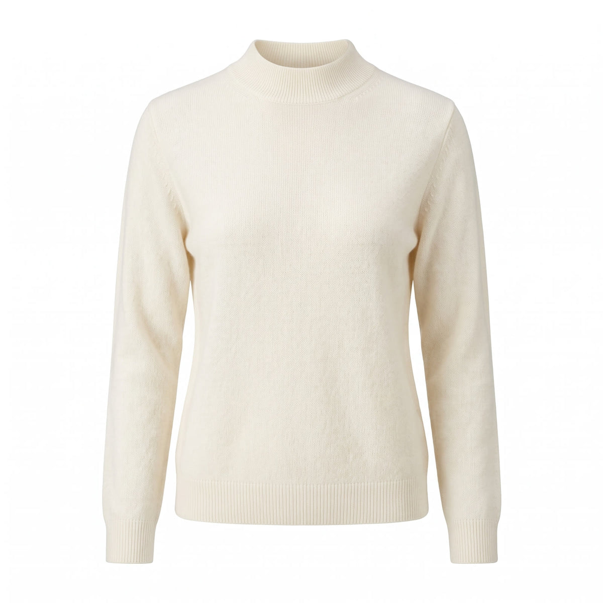 Rosemary-Nella Women's Mock Neck Sweater in cream, ghost mannequin studio shot