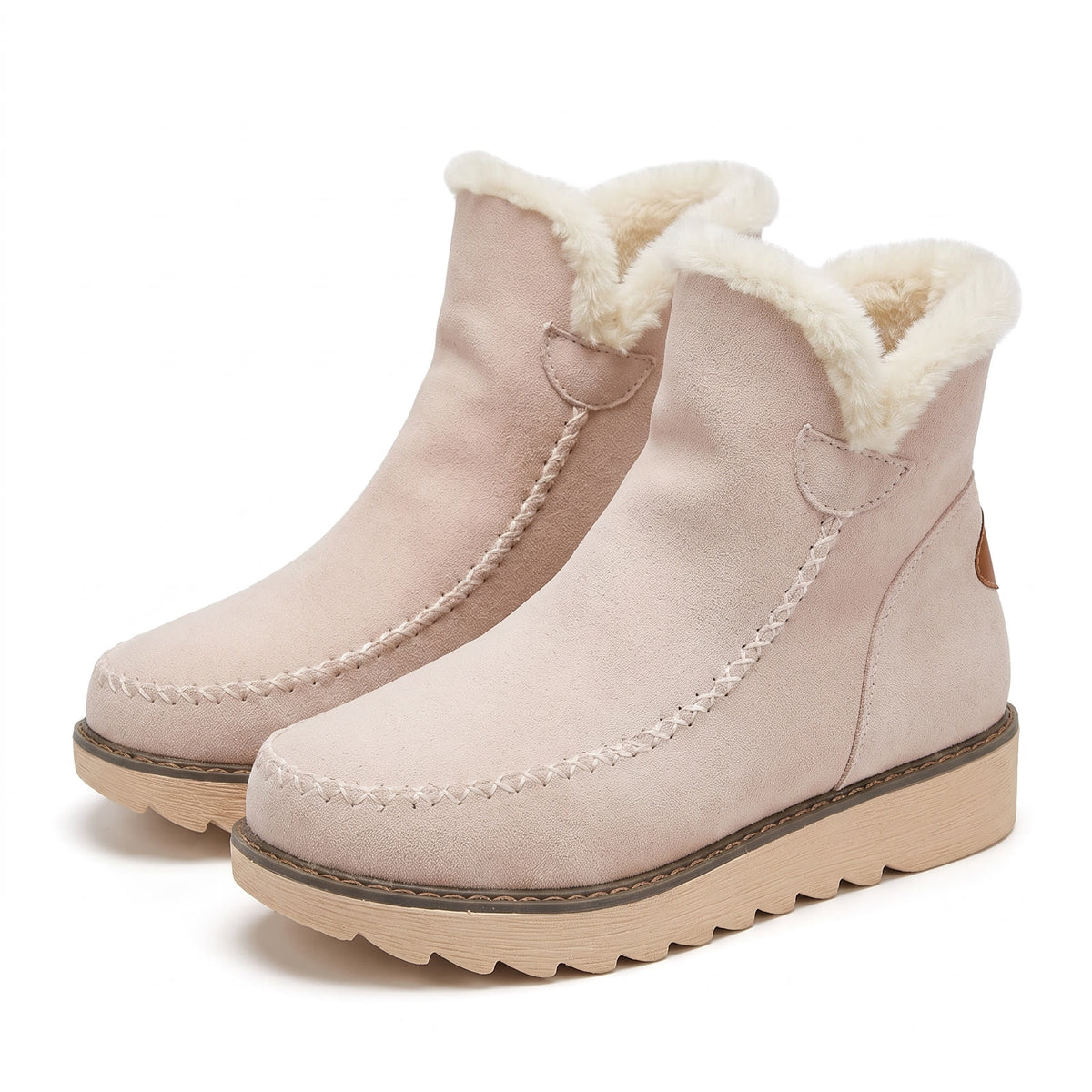 Ingrid-Olive women's fleece-lined suede mini platform booties in beige, studio product shot