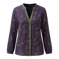 Nadine-Lorraine Women's Boho V-Neck Printed Linen Blouse in purple with green leaf and dragonfly print