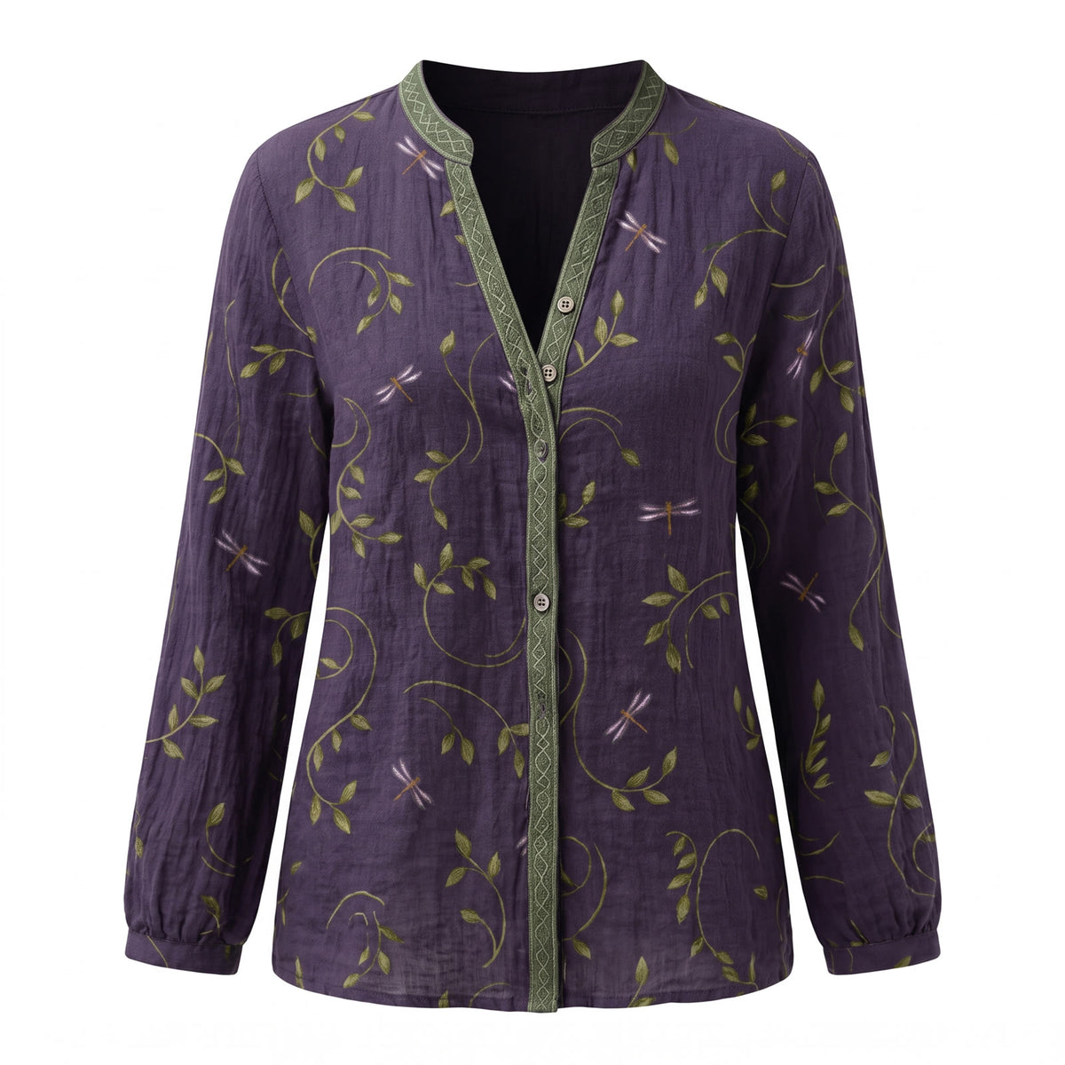 Nadine-Lorraine Women's Boho V-Neck Printed Linen Blouse in purple with green leaf and dragonfly print