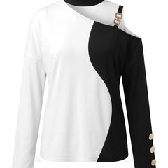 Alba Women's Asymmetrical Off-Shoulder Choker Collar Shirt in black and white
