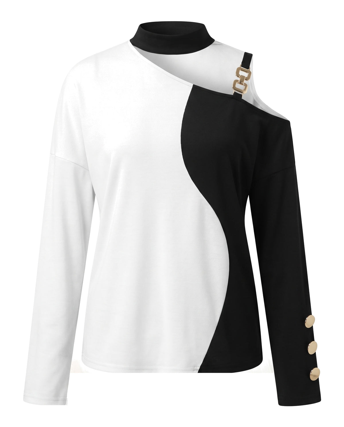 Alba Women's Asymmetrical Off-Shoulder Choker Collar Shirt in black and white