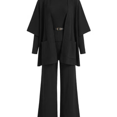 Lorraine Women's Belted Cape Cardigan and Wide-Leg Pants Three-Piece Set in Black
