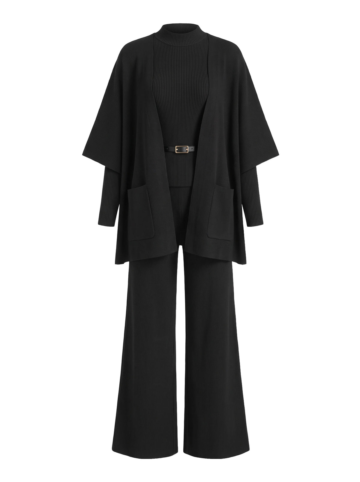 Lorraine Women's Belted Cape Cardigan and Wide-Leg Pants Three-Piece Set in Black