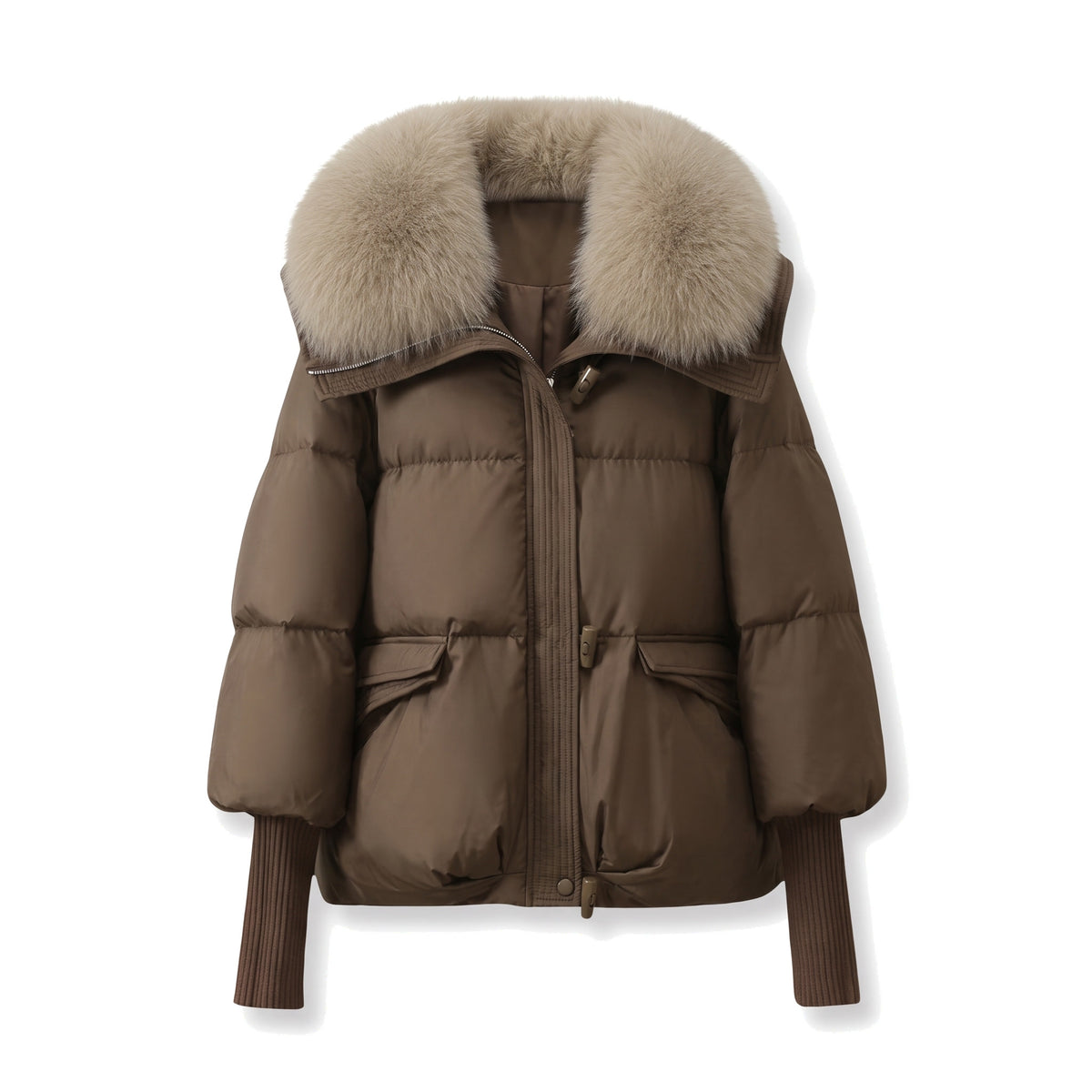 Ramona Women's Quilted Puffer Jacket with Faux Fur Collar in Brown