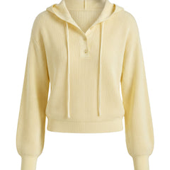 Lydia Women's Drawstring Hooded Knit Pullover Sweater in yellow, ghost mannequin product shot