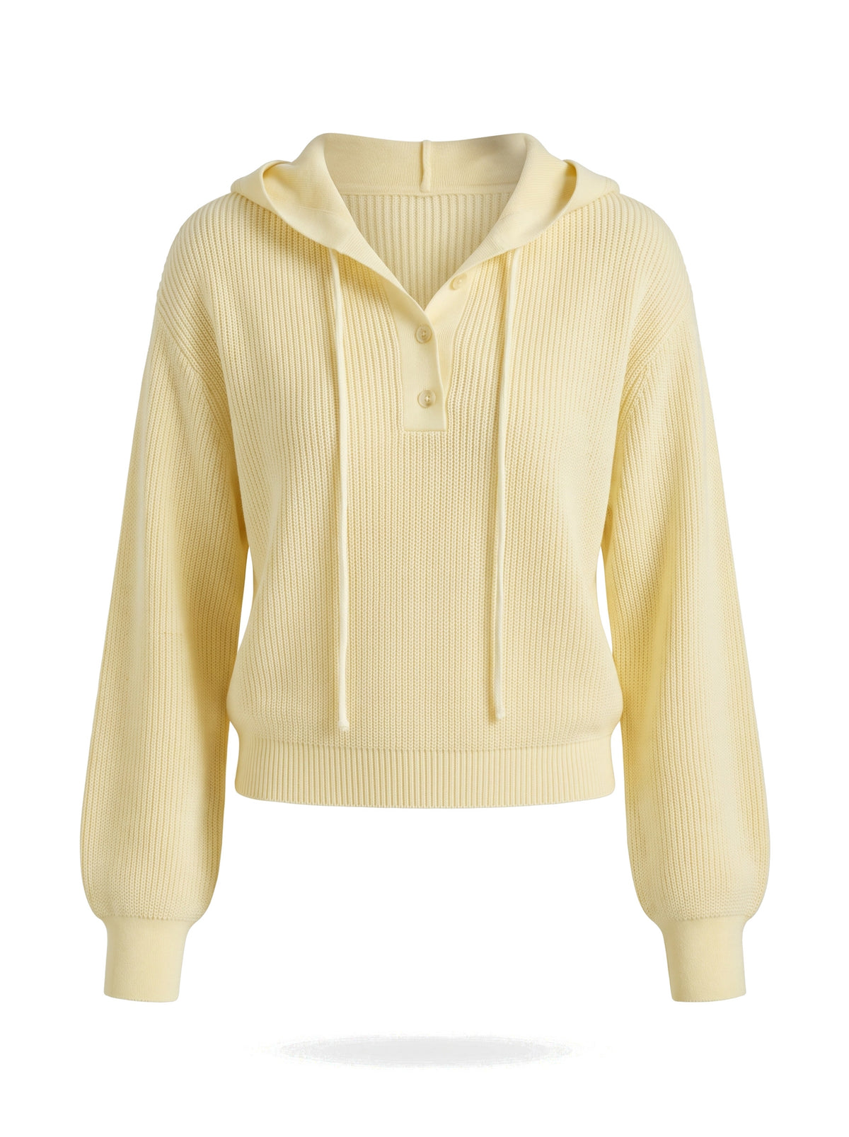 Lydia Women's Drawstring Hooded Knit Pullover Sweater in yellow, ghost mannequin product shot