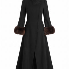 Cecile Women's Fur-Cuff Funnel-Neck Trench Coat in Black