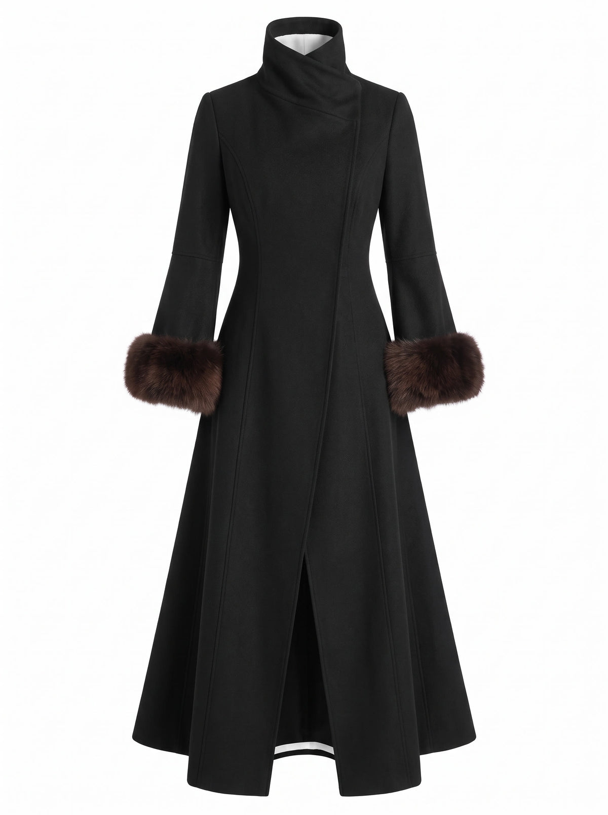 Cecile Women's Fur-Cuff Funnel-Neck Trench Coat in Black
