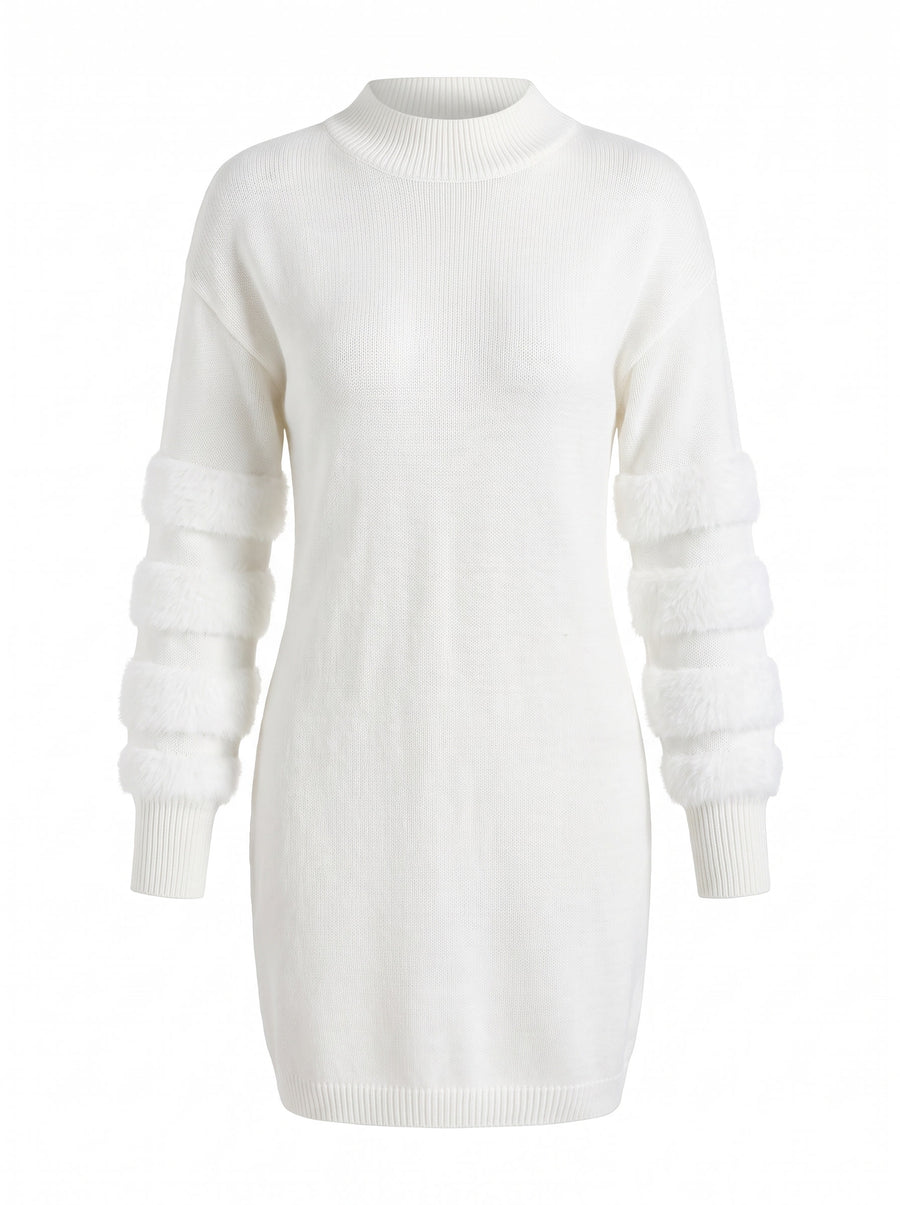 Beatrix Women's Fuzzy-Sleeve Mock Neck Sweater Dress in White