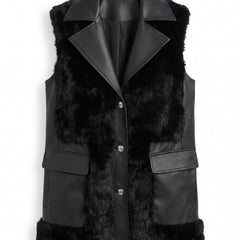 Alma Women's Longline Faux Fur Trimmed Vest with Patch Pockets in Black