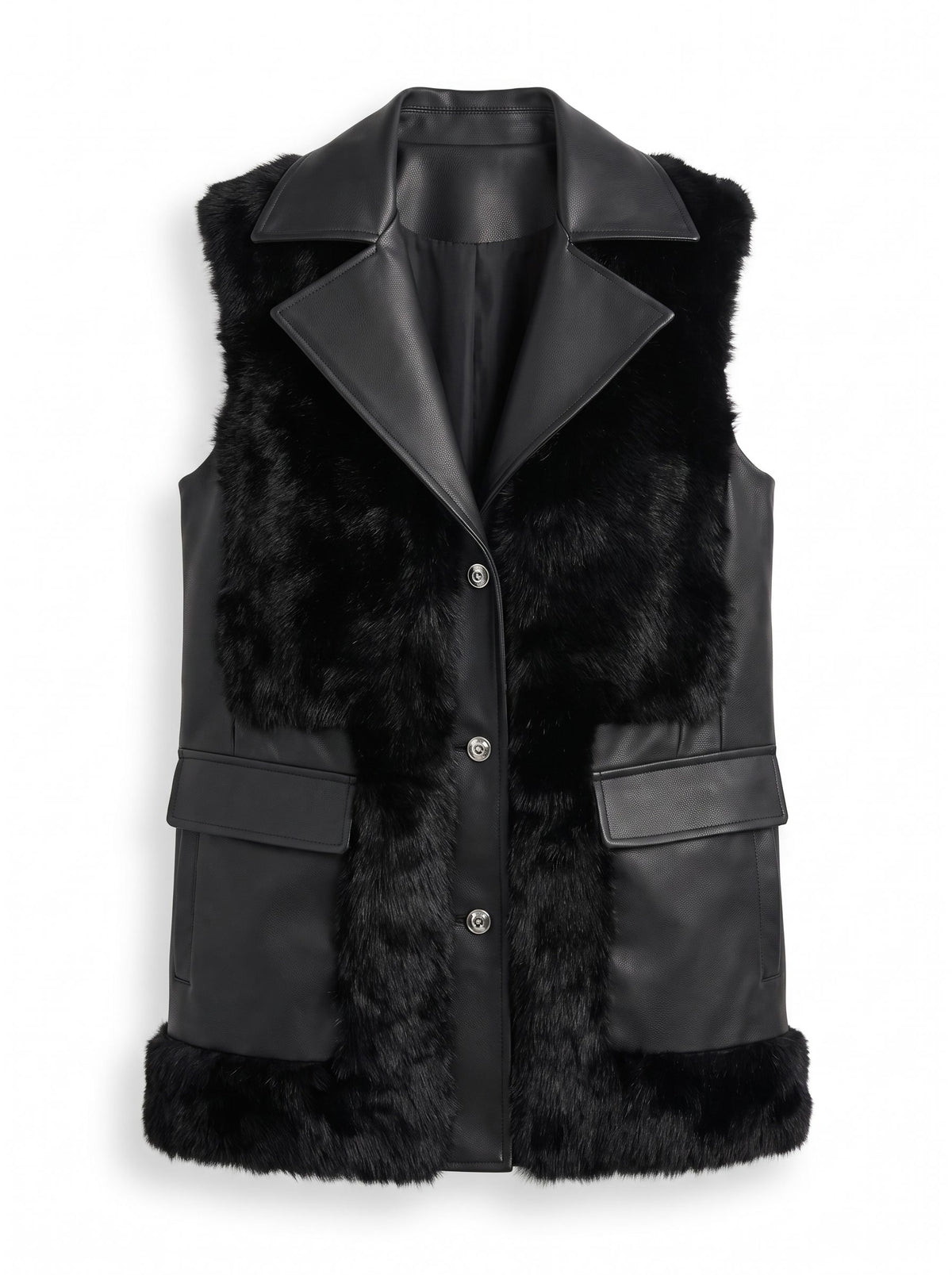 Alma Women's Longline Faux Fur Trimmed Vest with Patch Pockets in Black