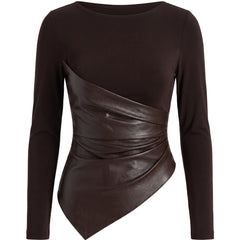 Martha Women's Faux-Leather Panel Long Sleeve Fitted Top in Brown