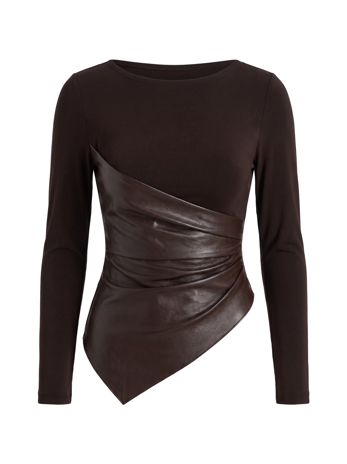 Martha Women's Faux-Leather Panel Long Sleeve Fitted Top in Brown