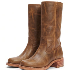 Aurelia Women's Block Heel Mid-Calf Boots in light brown leather