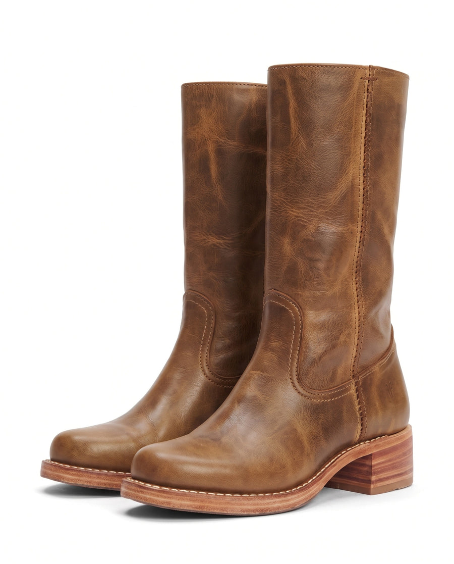Aurelia Women's Block Heel Mid-Calf Boots in light brown leather