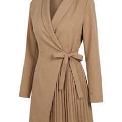 Flora Women's Wrap-Front Pleated Blazer Dress in camel, ghost mannequin studio shot
