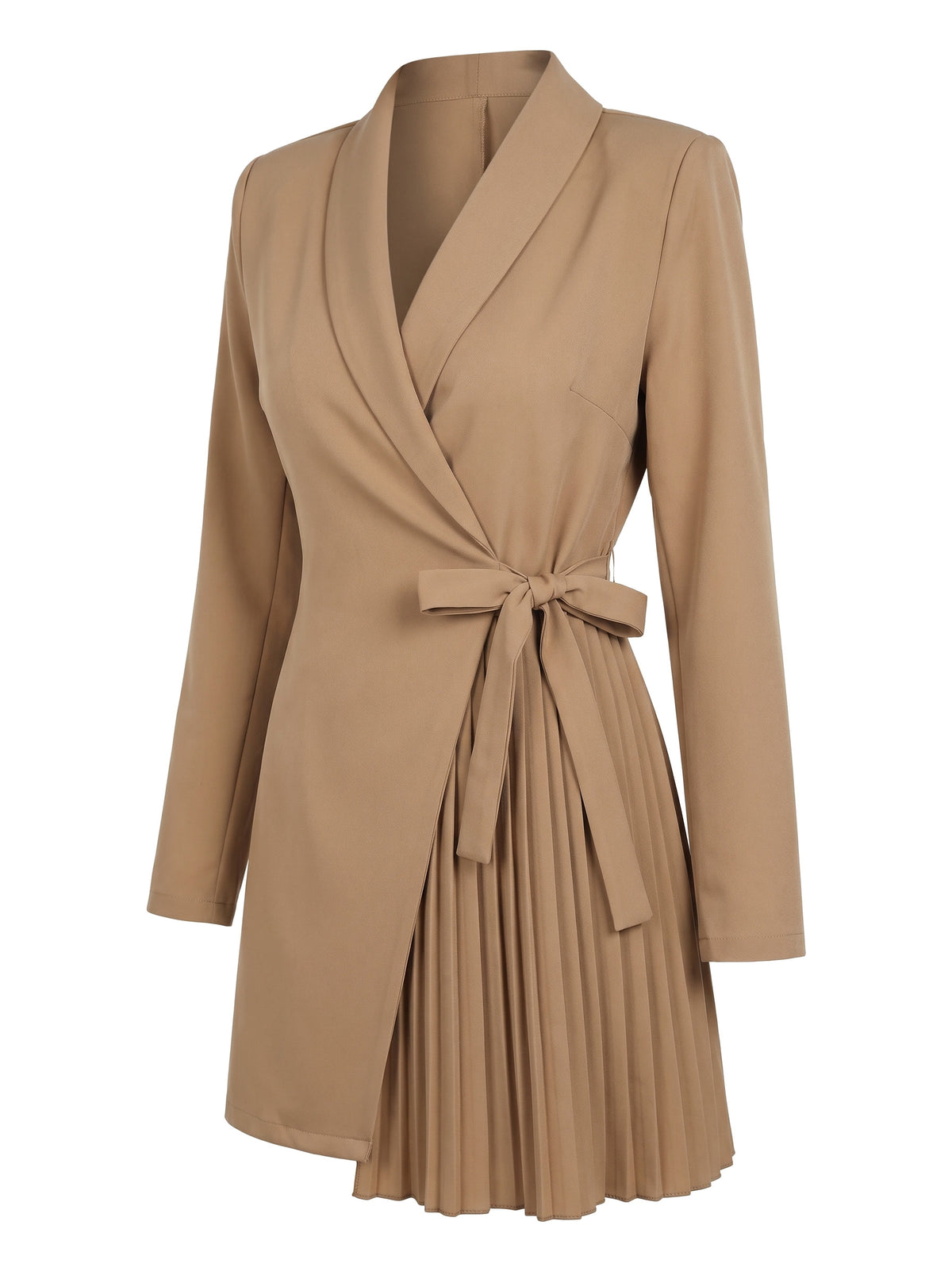 Flora Women's Wrap-Front Pleated Blazer Dress in camel, ghost mannequin studio shot