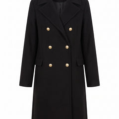 Carmen Women's Double-Breasted Wool Coat with Gold-Button Detail in Black