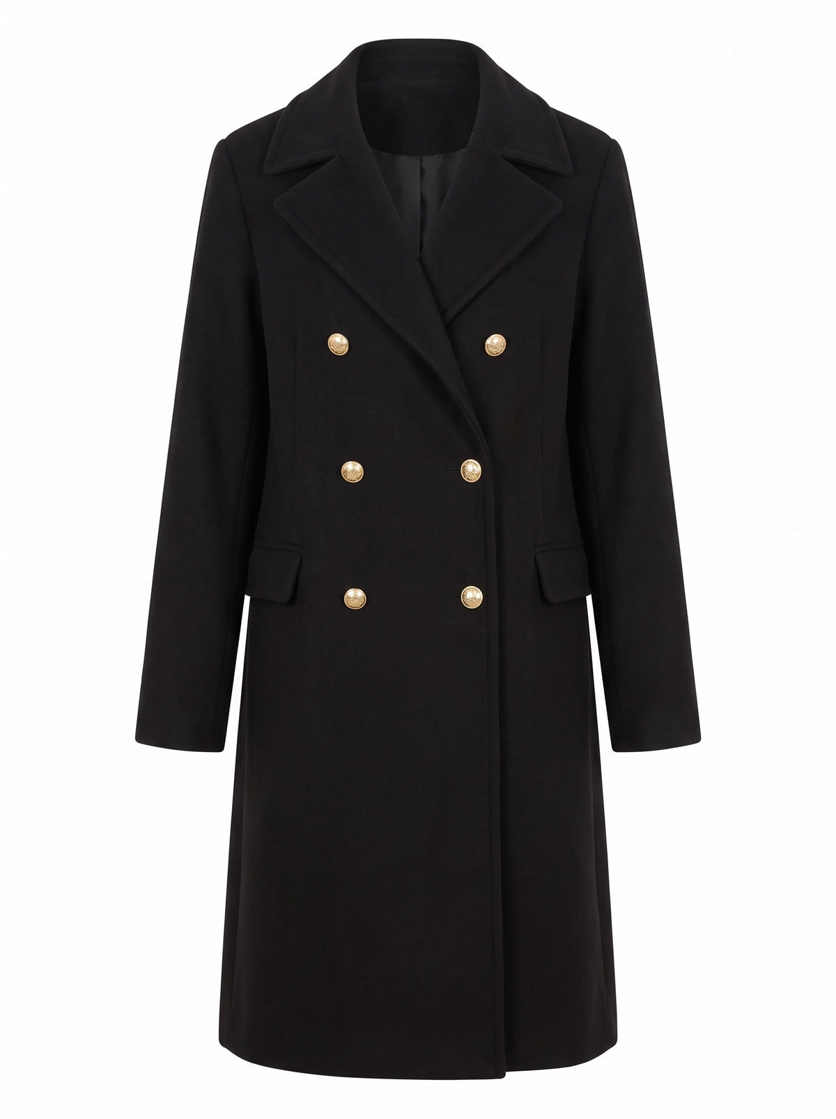 Carmen Women's Double-Breasted Wool Coat with Gold-Button Detail in Black