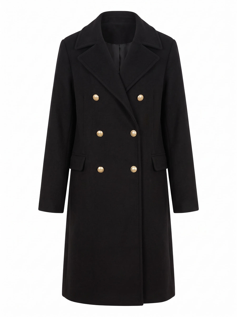 Carmen Women's Double-Breasted Wool Coat with Gold-Button Detail in Black
