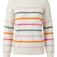 Celeste Women's Striped Contrast Ribbed Knit Sweater in Cream and Multicolour