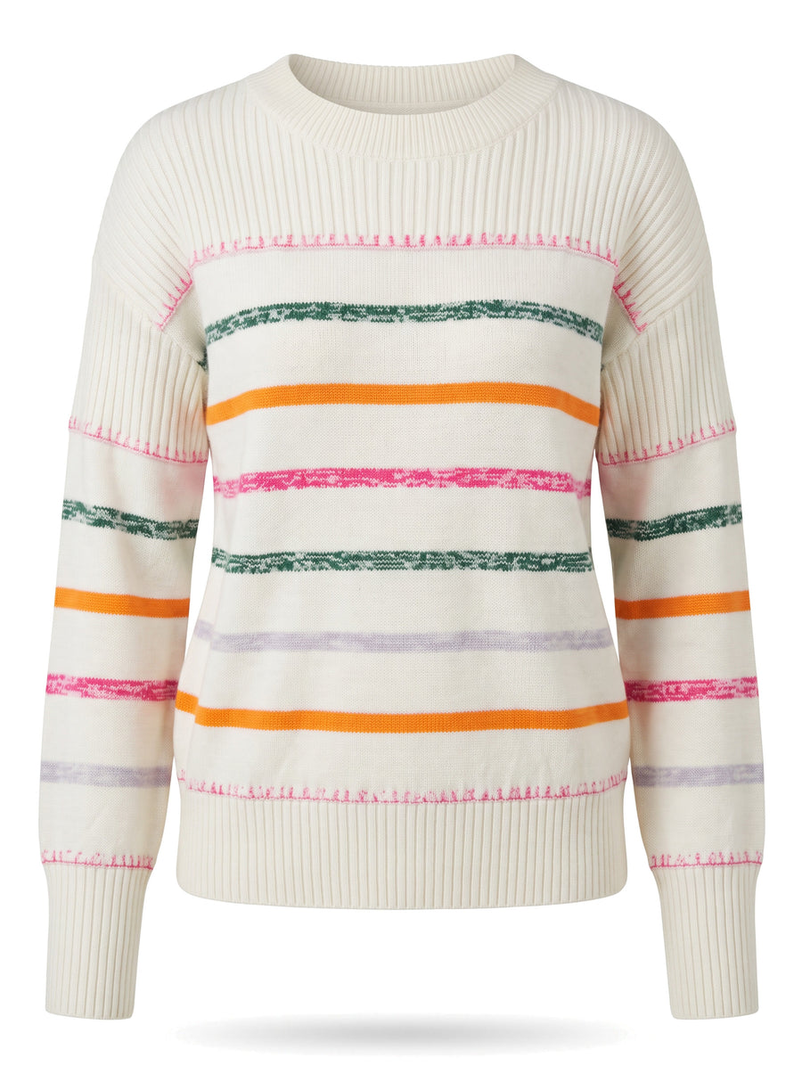 Celeste Women's Striped Contrast Ribbed Knit Sweater in Cream and Multicolour