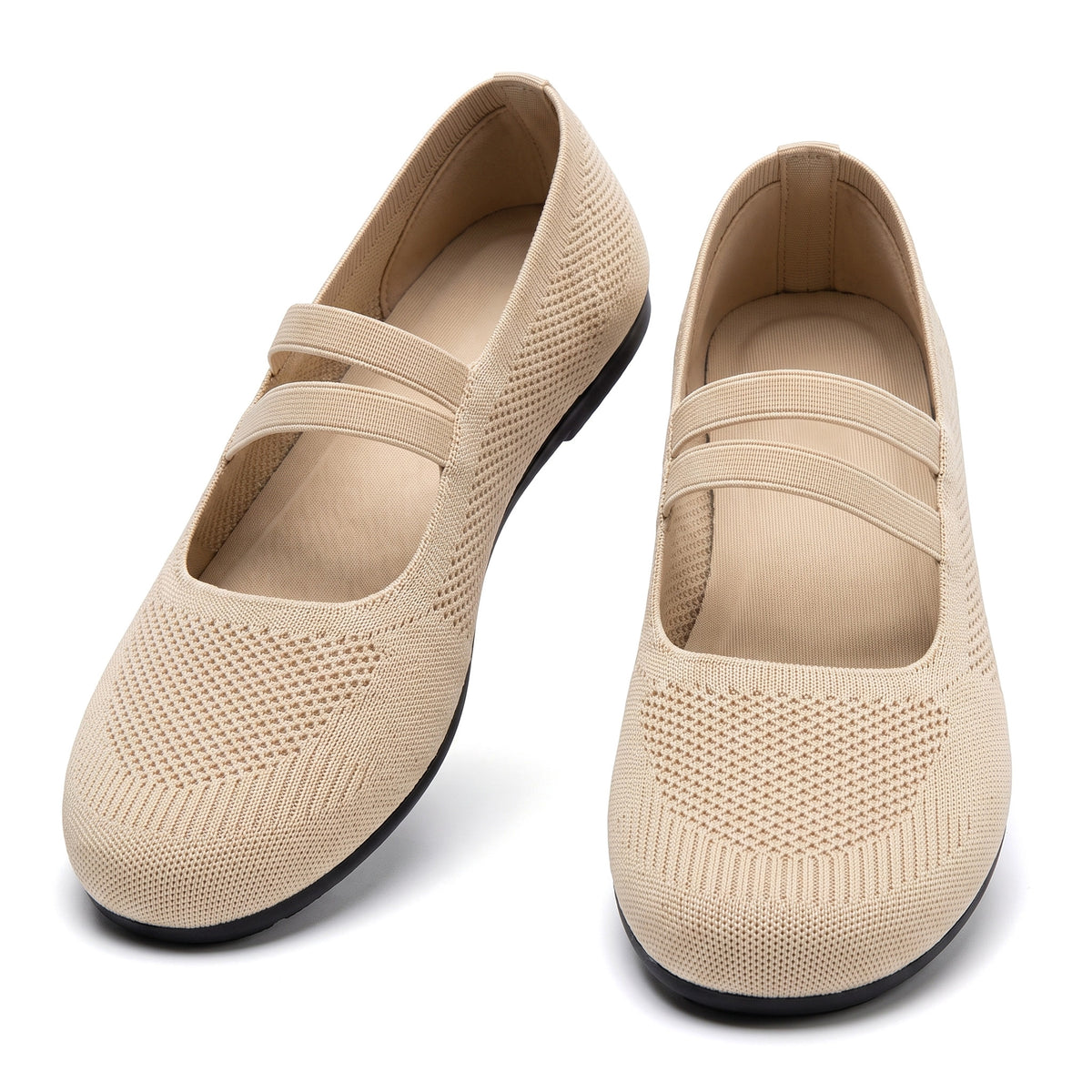 Edith Women's Mary Jane Knit Slippers in Beige, pair on white