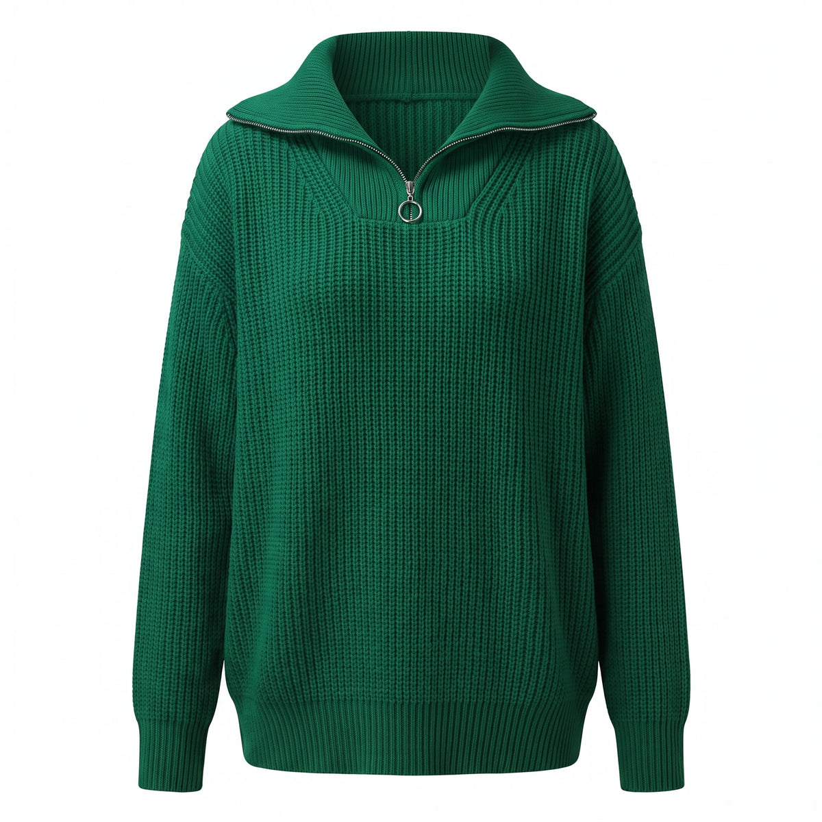 Elsa Women's Oversized Half-Zip Jumper with Stand Collar in Dark Green