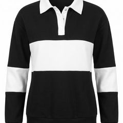 Eugenia Women's Colour-Block Long Sleeve Polo Shirt in black and white, front view