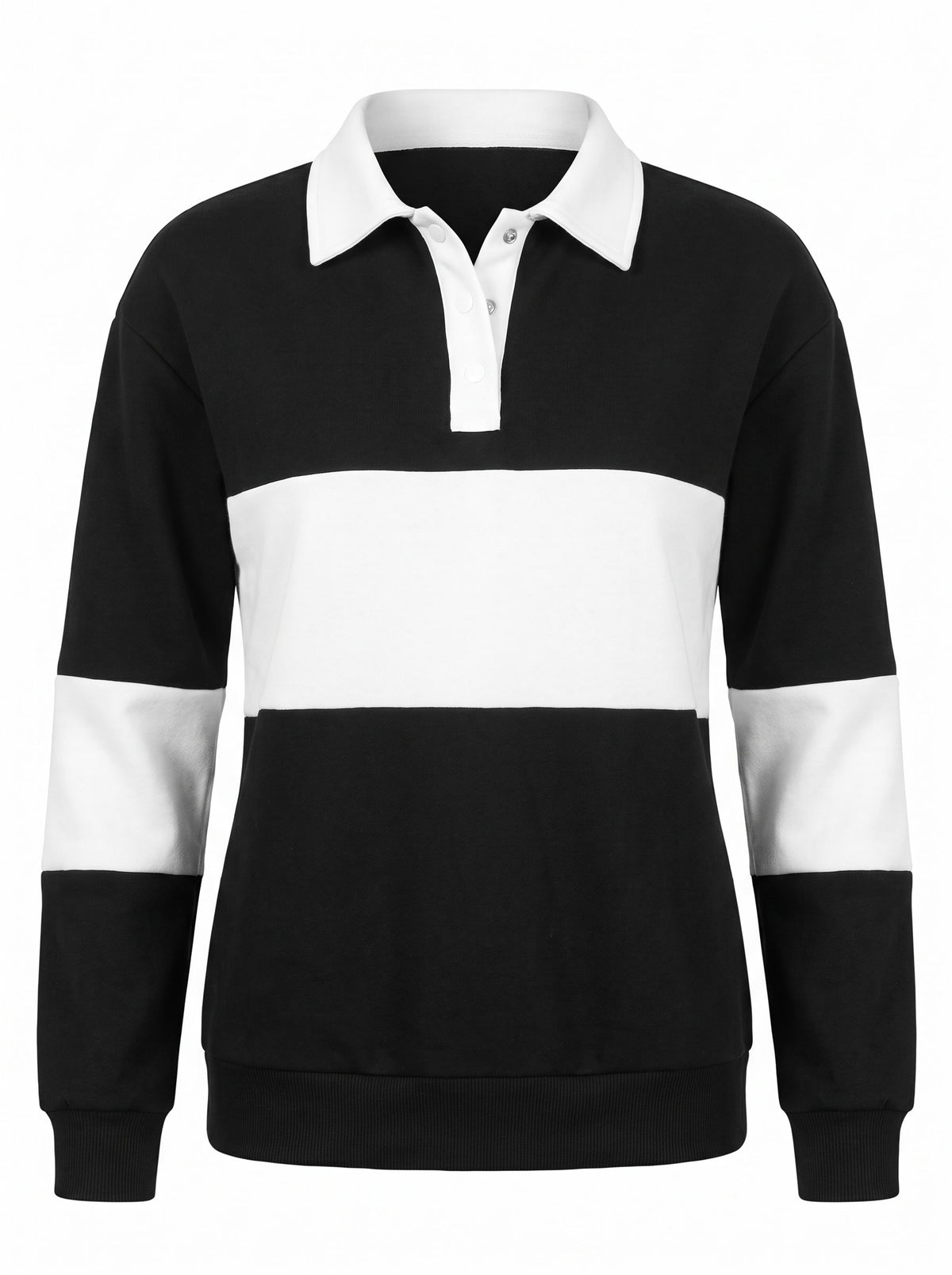 Eugenia Women's Colour-Block Long Sleeve Polo Shirt in black and white, front view