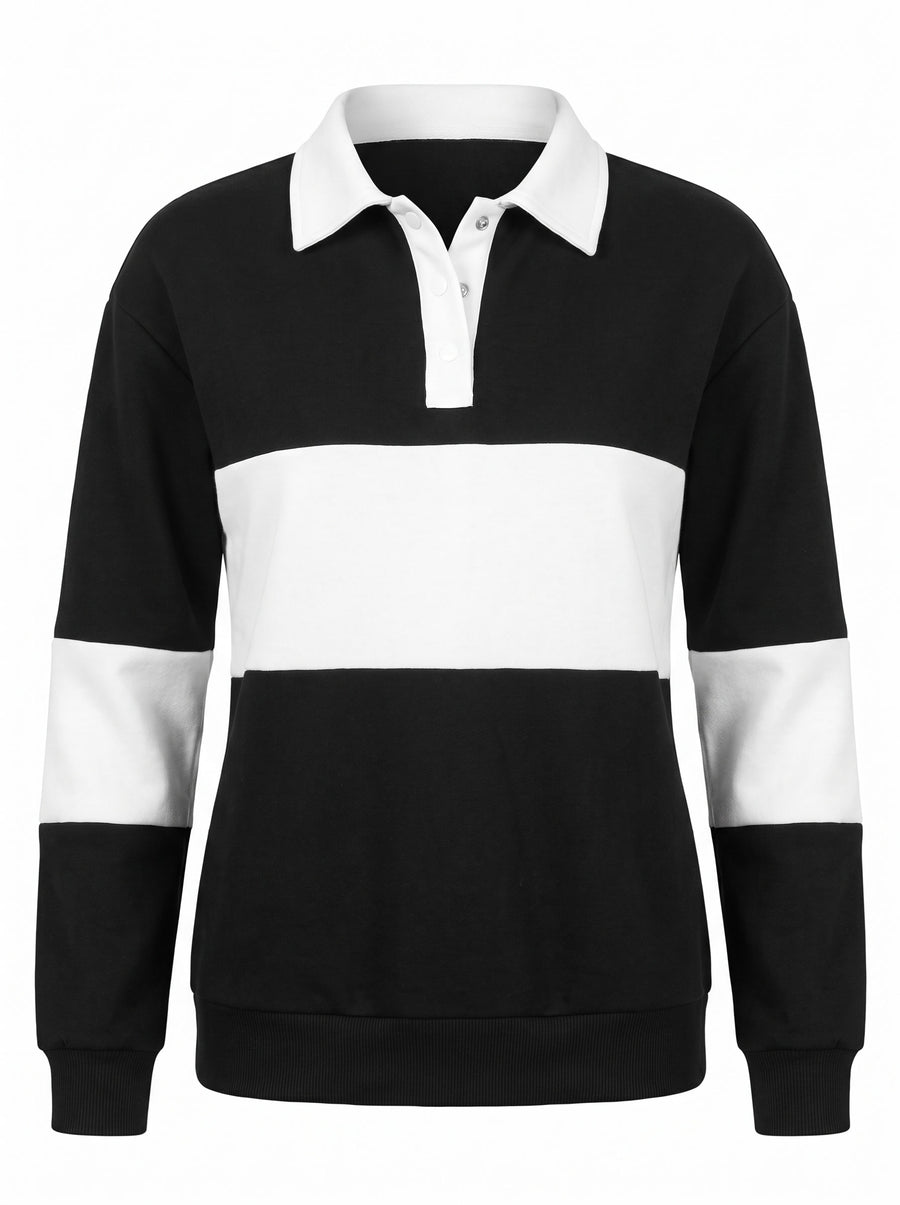 Eugenia Women's Colour-Block Long Sleeve Polo Shirt in black and white, front view