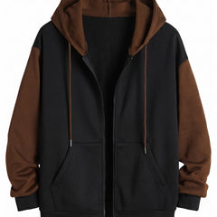 Frances Women's Colour-Block Zip-Up Hoodie in Dark Brown, ghost mannequin front view