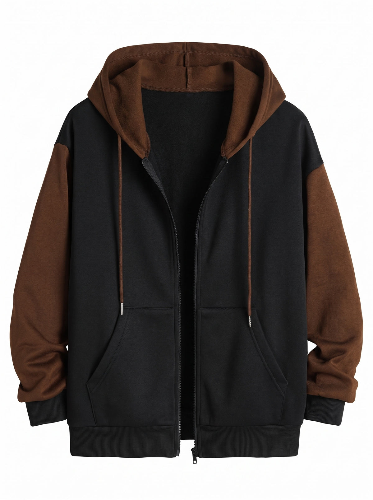 Frances Women's Colour-Block Zip-Up Hoodie in Dark Brown, ghost mannequin front view