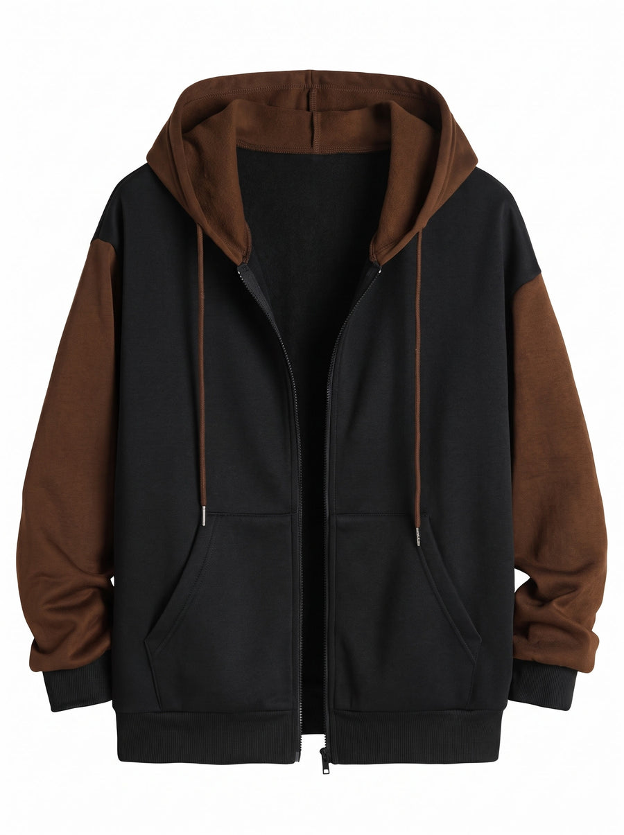 Frances Women's Colour-Block Zip-Up Hoodie in Dark Brown, ghost mannequin front view