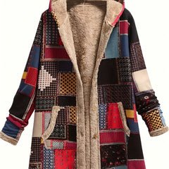 Georgia Women's Hooded Patchwork Longline Coat in Black and Red Print