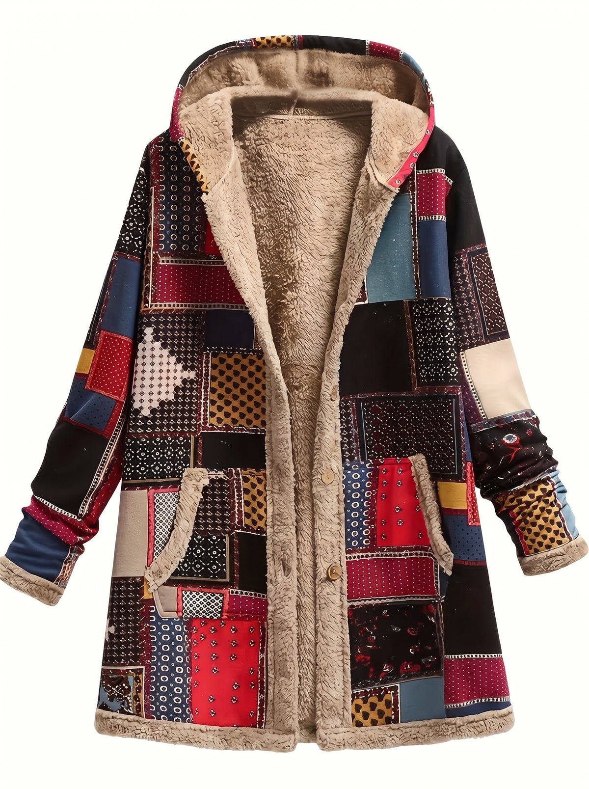 Georgia Women's Hooded Patchwork Longline Coat in Black and Red Print