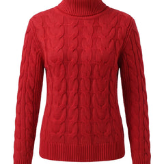 Alba-Carmen Women's Cozy Cable-Knit Turtleneck Sweater in Red