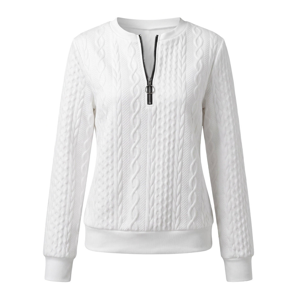 Edith-Joyce Women's Cable Knit Zip-Neck Sweater in White