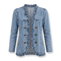 Josephine-Alba Women's Ruffle-Trim Denim Jacket in light blue denim, ghost mannequin front view
