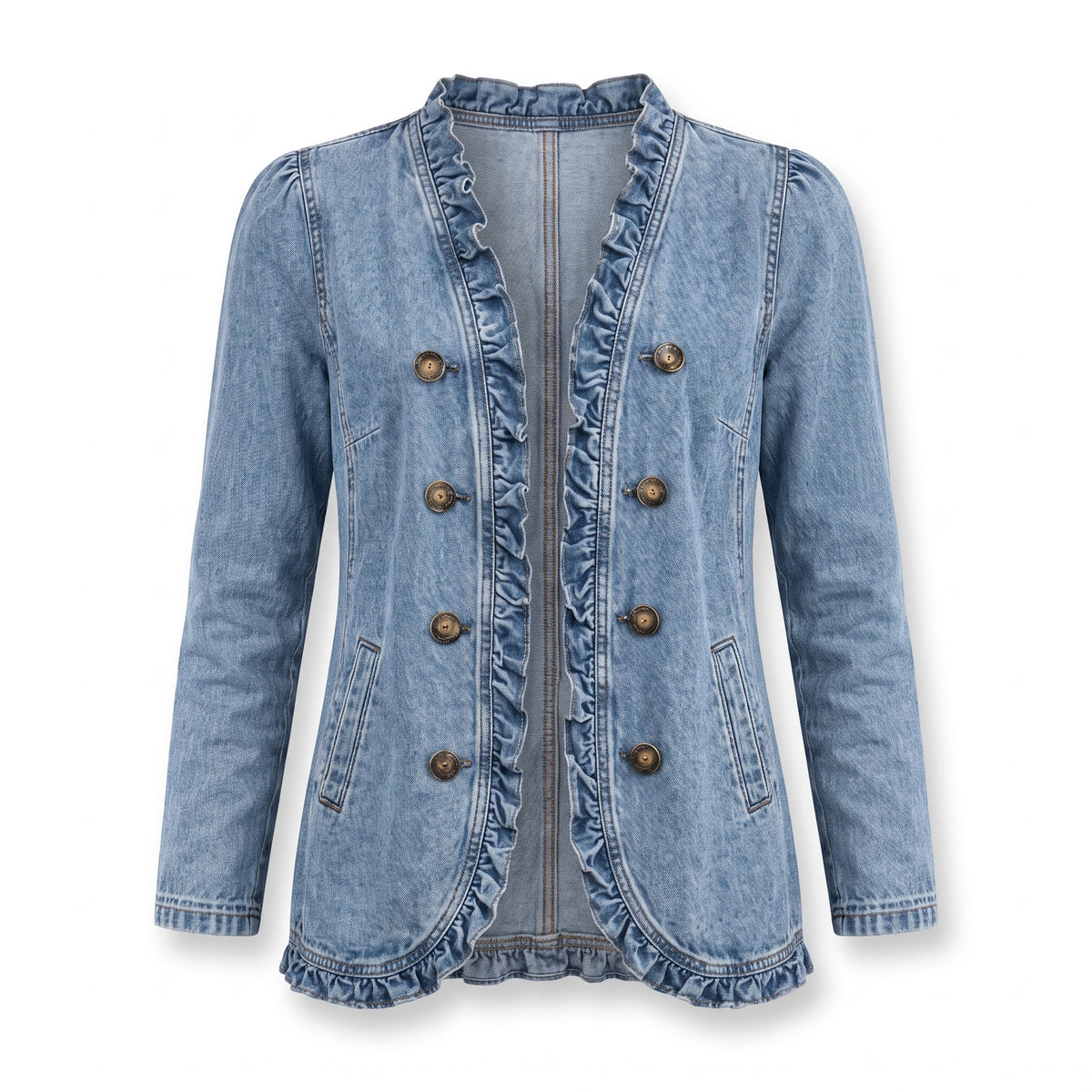 Josephine-Alba Women's Ruffle-Trim Denim Jacket in light blue denim, ghost mannequin front view