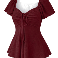 Bianca-Louisa Women's Peplum Puff-Sleeve Blouse in burgundy, ghost mannequin studio shot