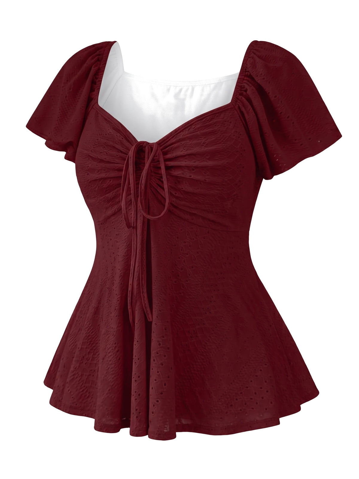 Bianca-Louisa Women's Peplum Puff-Sleeve Blouse in burgundy, ghost mannequin studio shot