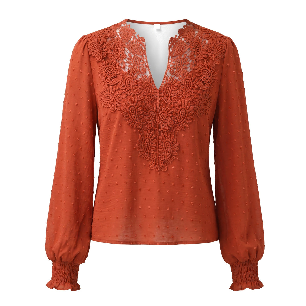 Rosemary-Nora Women's Lace V-Neck Long-Sleeve Chiffon Top in rust orange