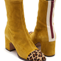 Martha Women's Sporty Contrast-Toe Mid-Heel Ankle Boots in mustard yellow suede with leopard toe cap