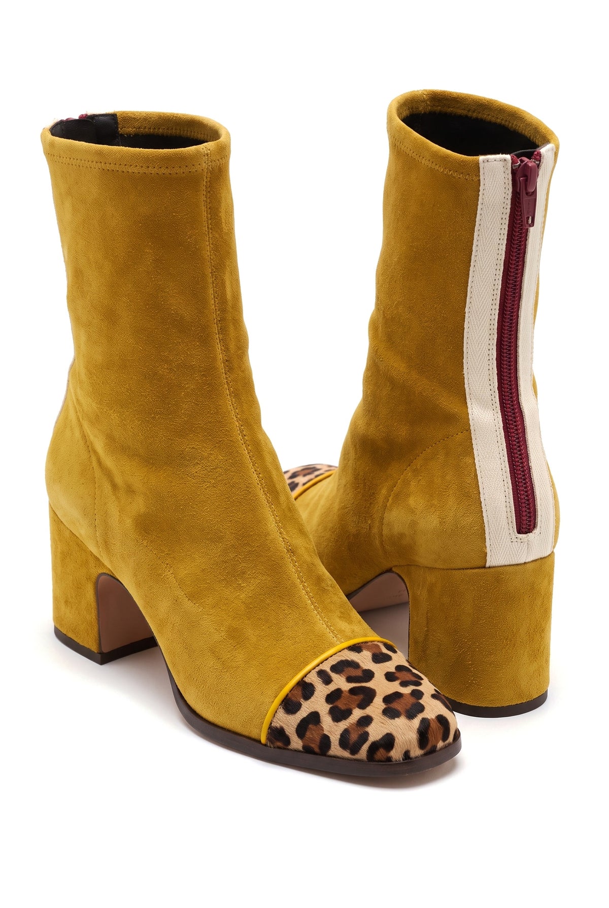 Martha Women's Sporty Contrast-Toe Mid-Heel Ankle Boots in mustard yellow suede with leopard toe cap