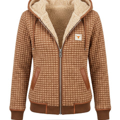 Nadine Women's Quilted Hooded Jacket with Sherpa Lining, tan check, front view
