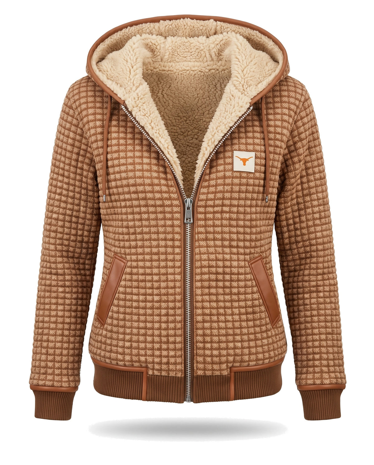 Nadine Women's Quilted Hooded Jacket with Sherpa Lining, tan check, front view