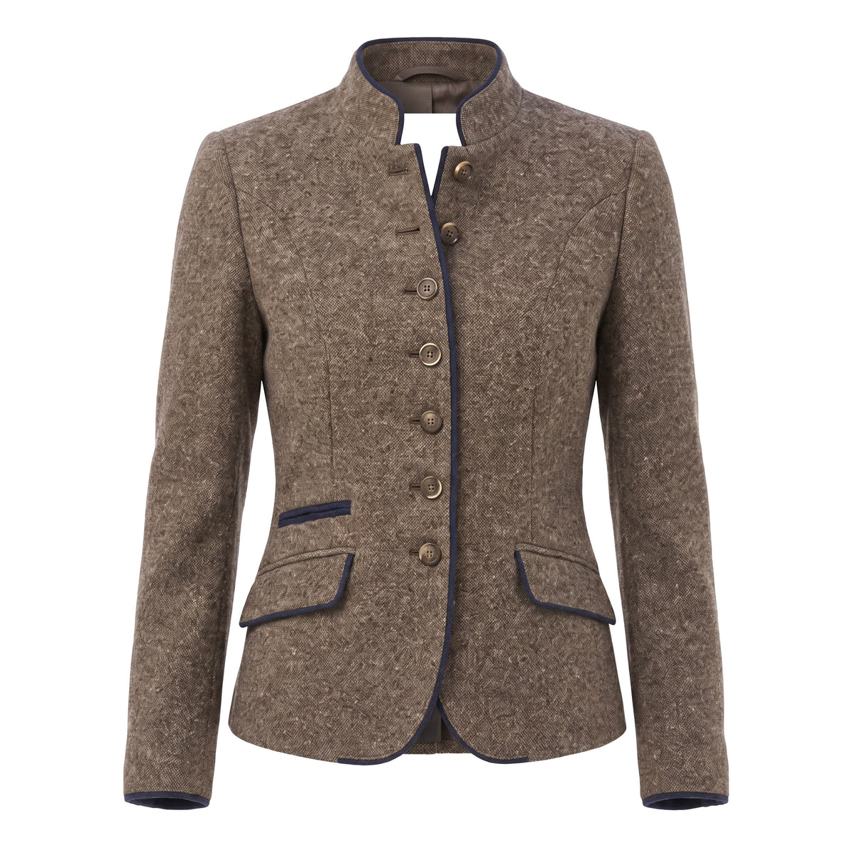 Pearl Women's Fitted Stand-Collar Blazer with Contrast Trim in Coffee