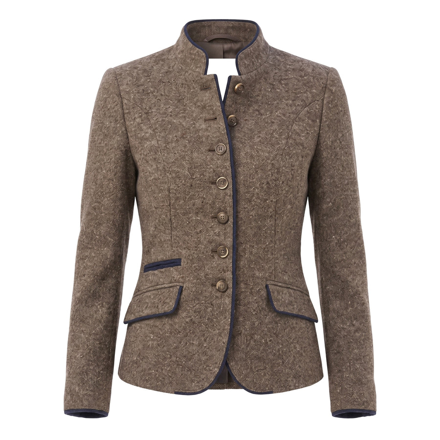 Pearl Women's Fitted Stand-Collar Blazer with Contrast Trim in Coffee